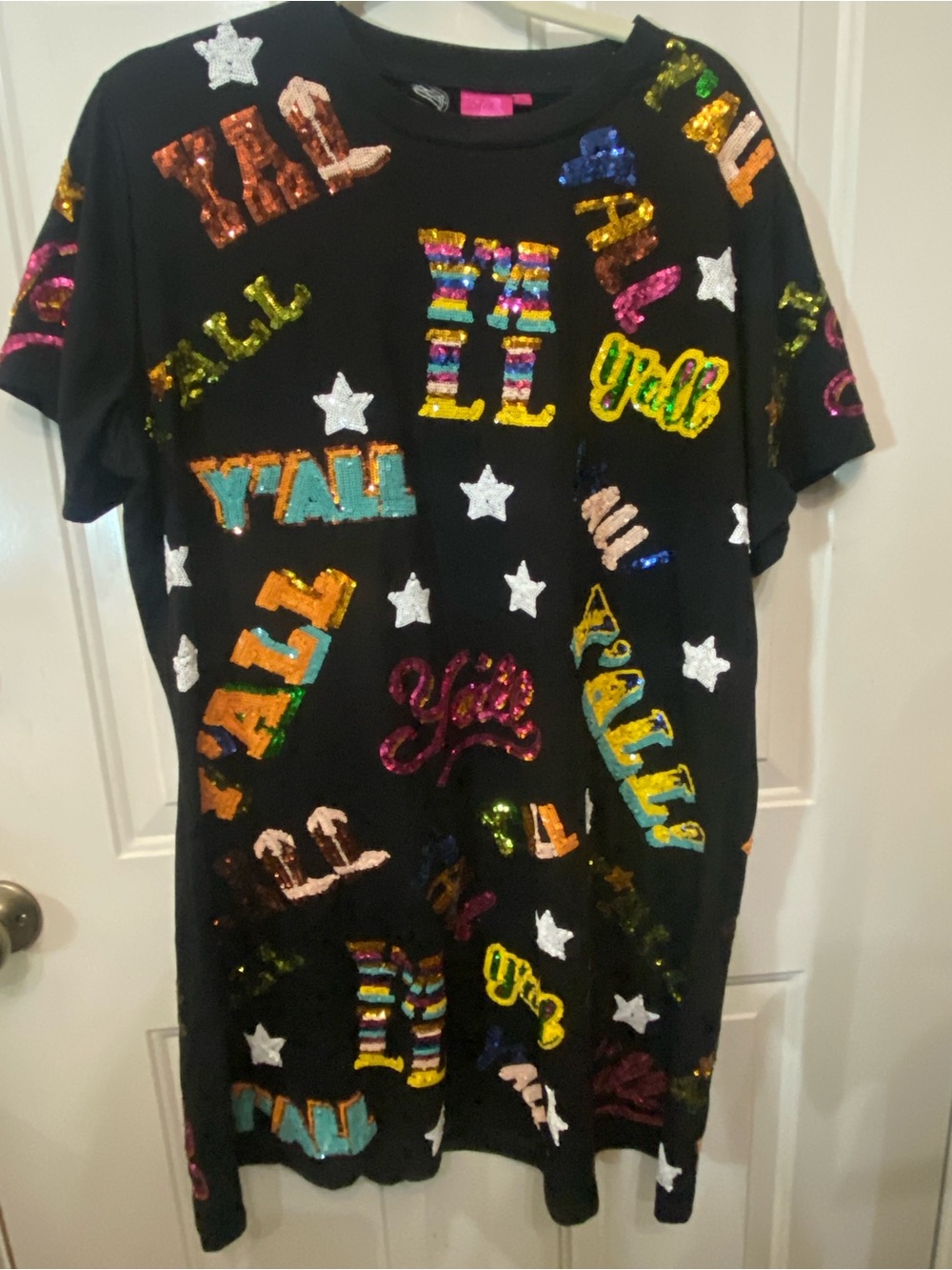 QUEEN OF SPARKLES Black Sequin 'Y'ALL' Graphic Tee Dress Multicolor Sequins NWOT